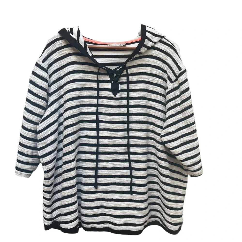 Misia Curvy Top Pullover Striped Hoodie Black White Athleisure Casual Relaxed 3X